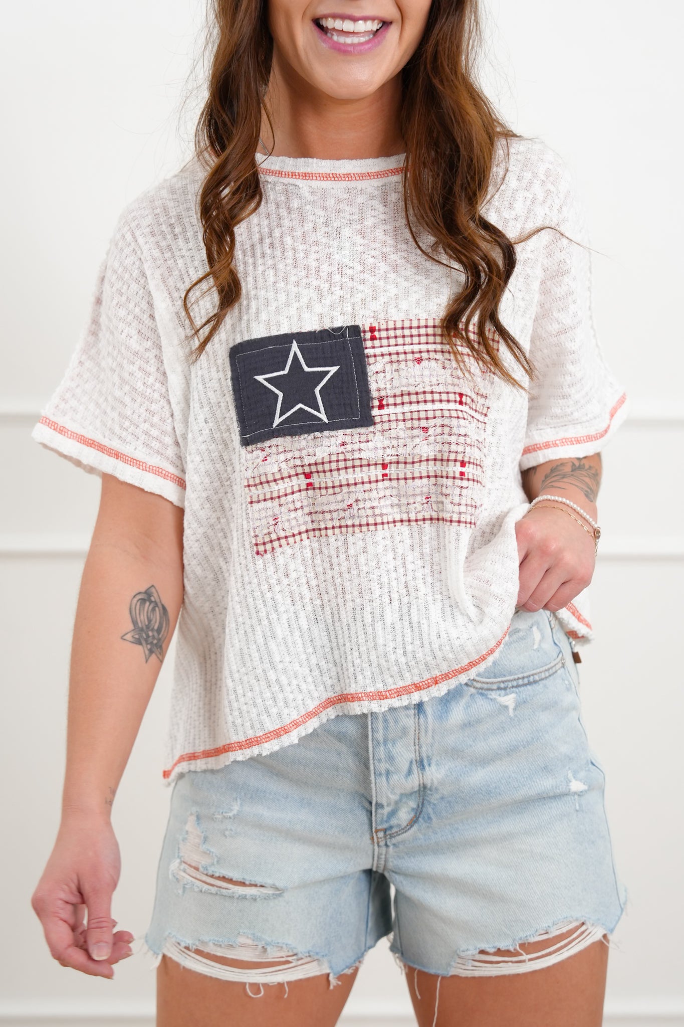 POL American Flag Patchwork Short Sleeve Top with Open Back Design