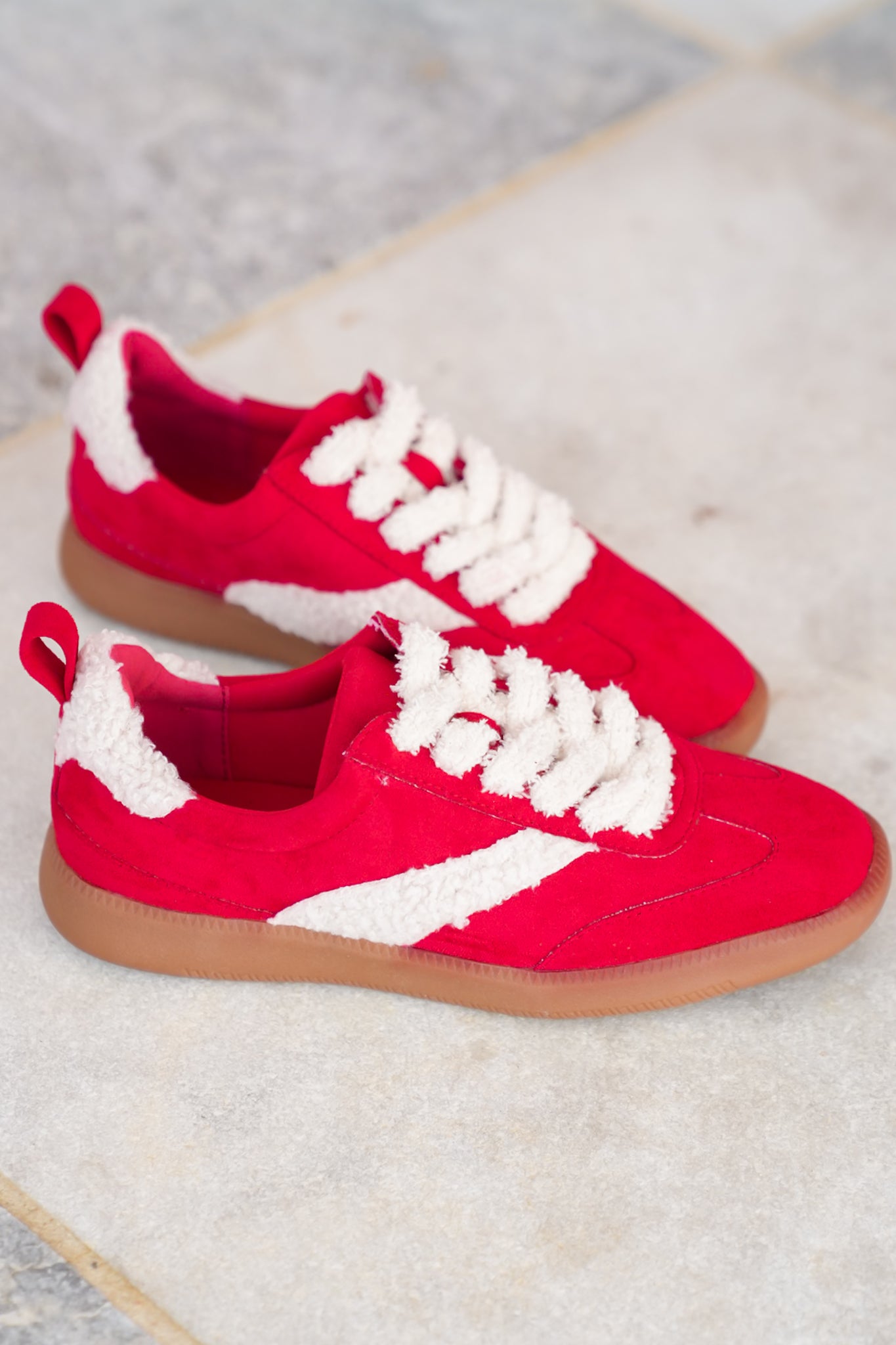 Vegan Suede Lace Up Sneaker with Sherpa Trim