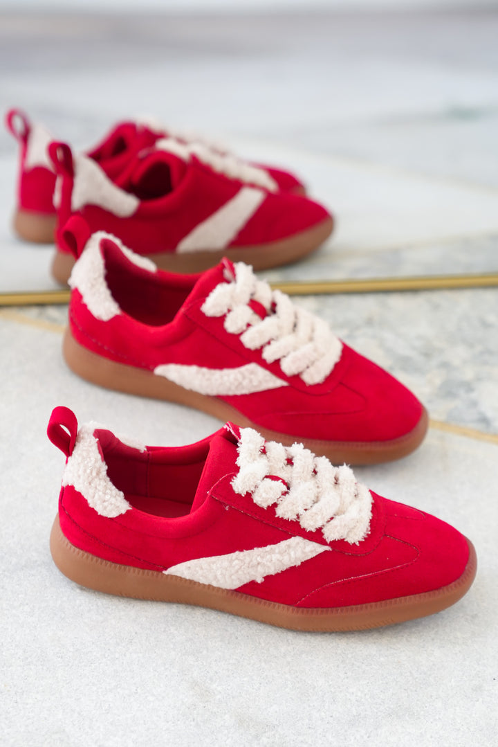 Vegan Suede Lace Up Sneaker with Sherpa Trim