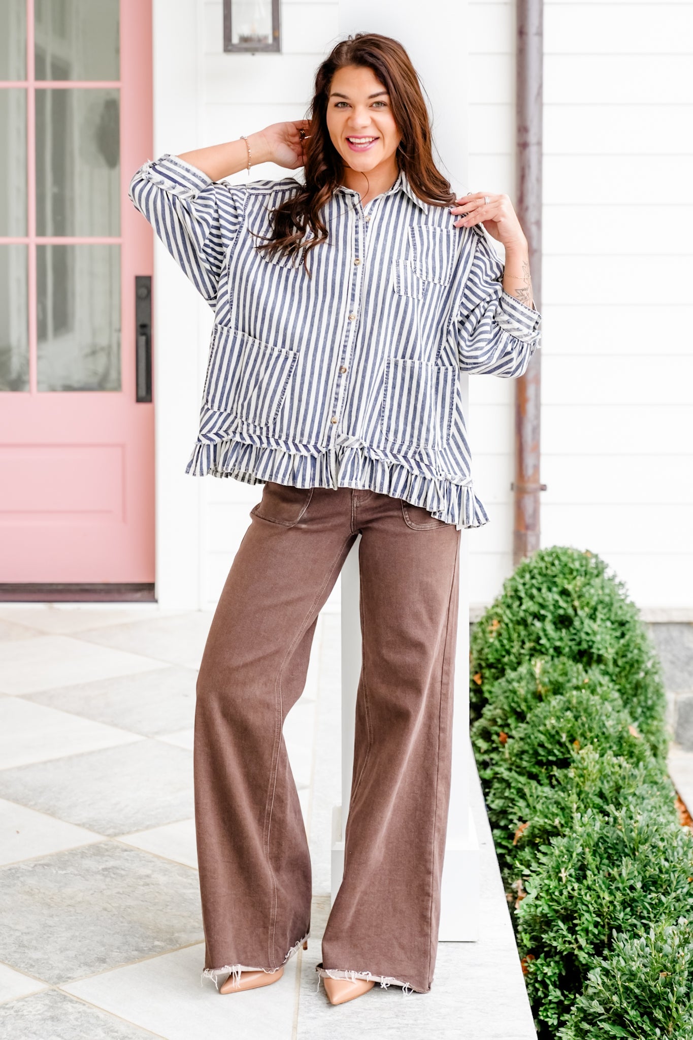 Striped 3/4 Sleeve Button Down Top