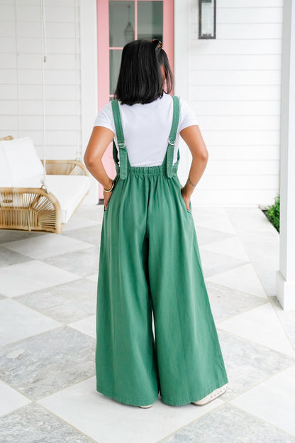 Green Washed Sleeveless Wide Leg Jumpsuit