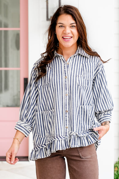 Striped 3/4 Sleeve Button Down Top