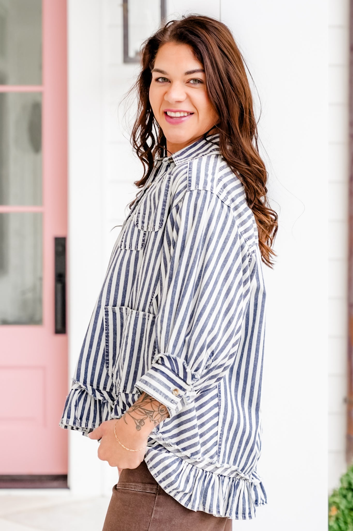 Striped 3/4 Sleeve Button Down Top