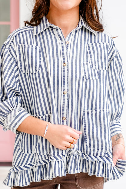 Striped 3/4 Sleeve Button Down Top