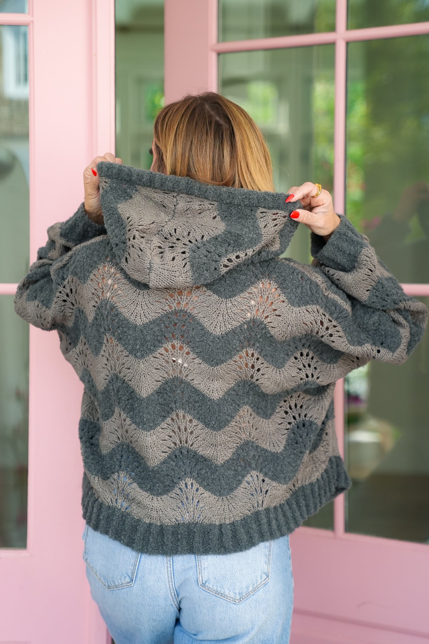 POL Chevon Print Long Sleeve Hoodie Sweater Top