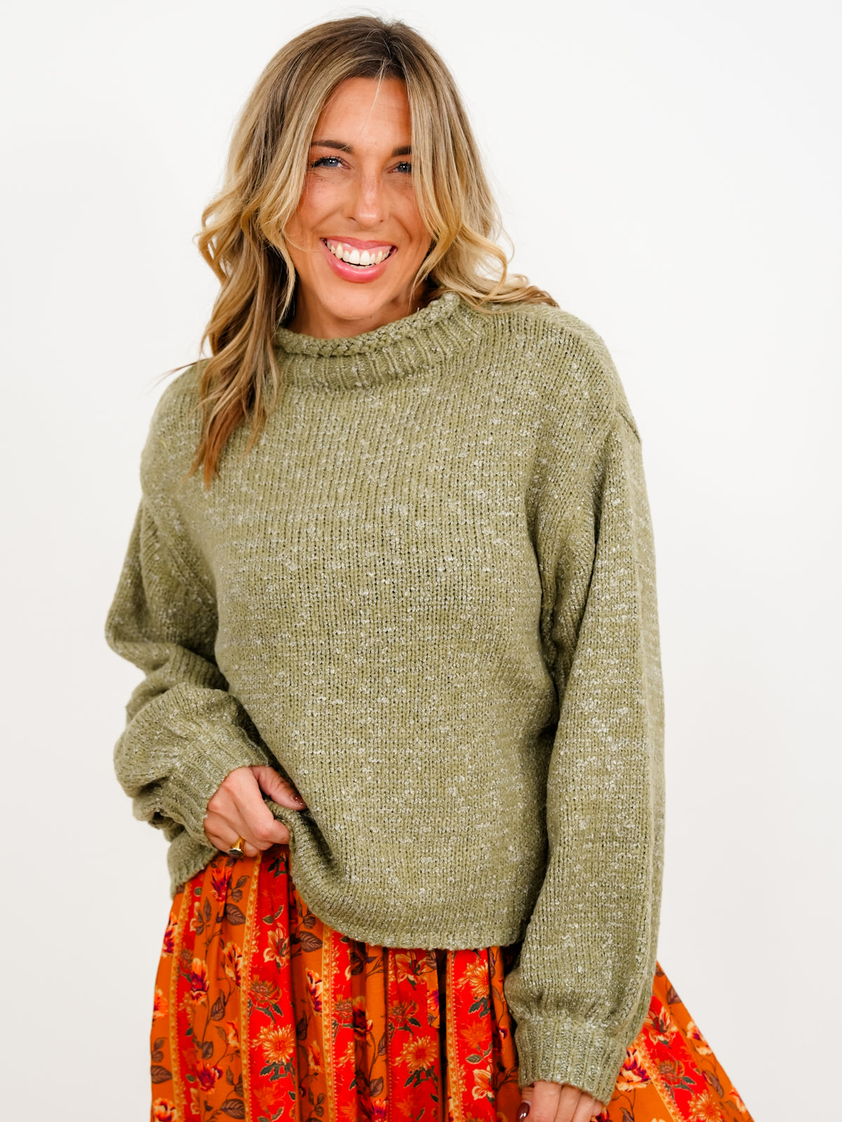 POL Long Balloon Sleeve Mock Neck Knit Sweater