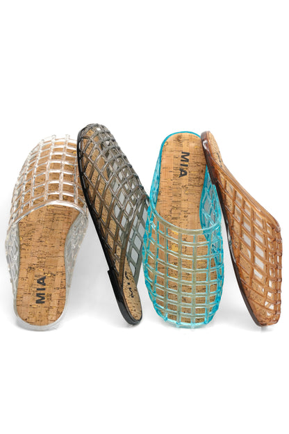 MIA Cutout Cage Jelly Slide Flats with Cork Footbed