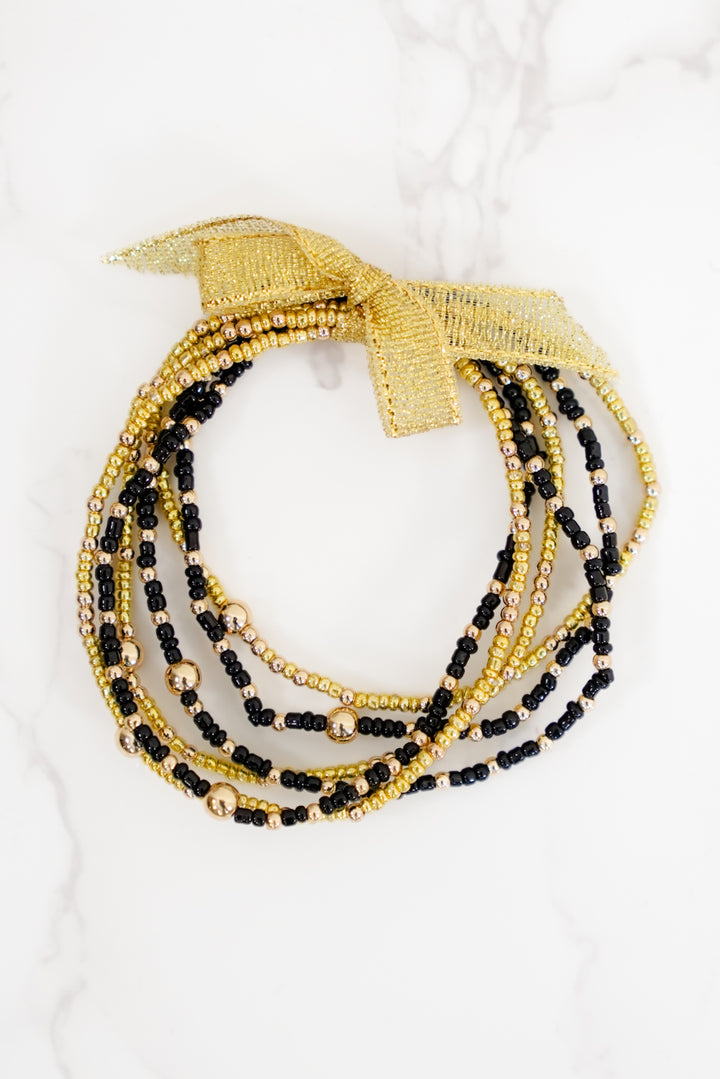 Mardi Gras Beaded Stretch Bracelet Set with Ribbon Accent