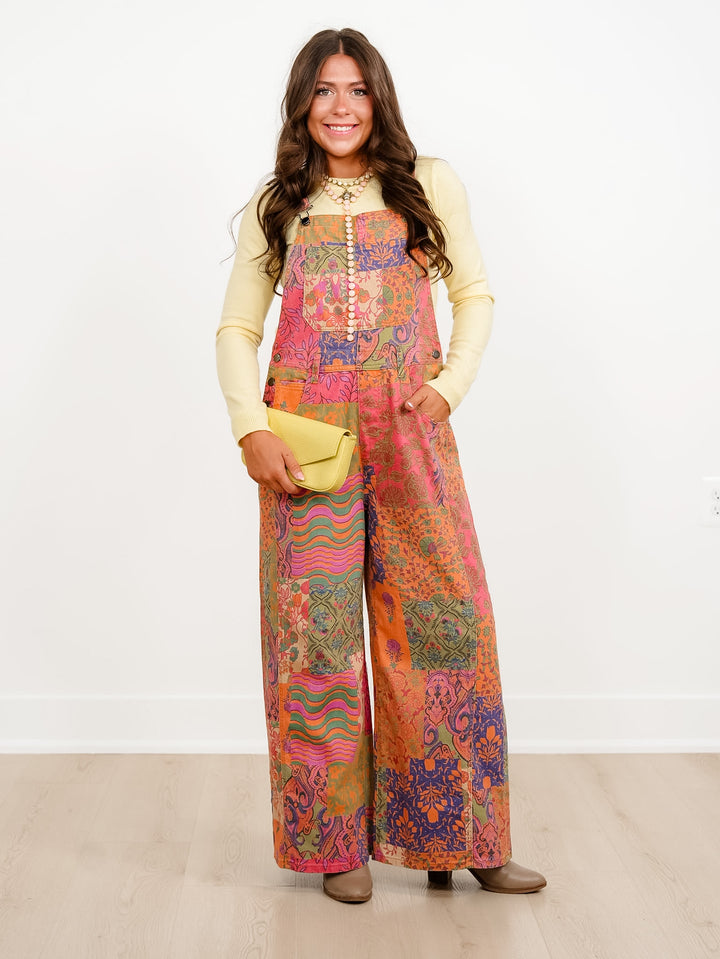 Patchwork Print Bib Overalls with Side Pockets