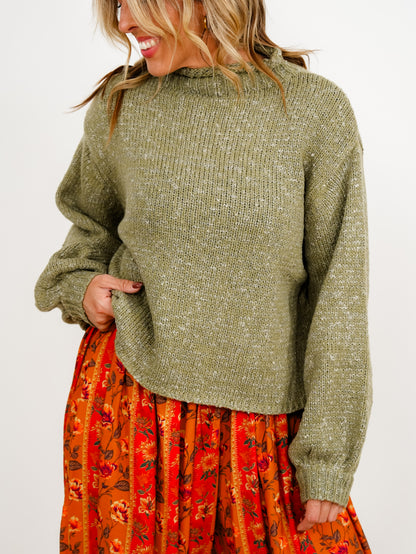 POL Long Balloon Sleeve Mock Neck Knit Sweater
