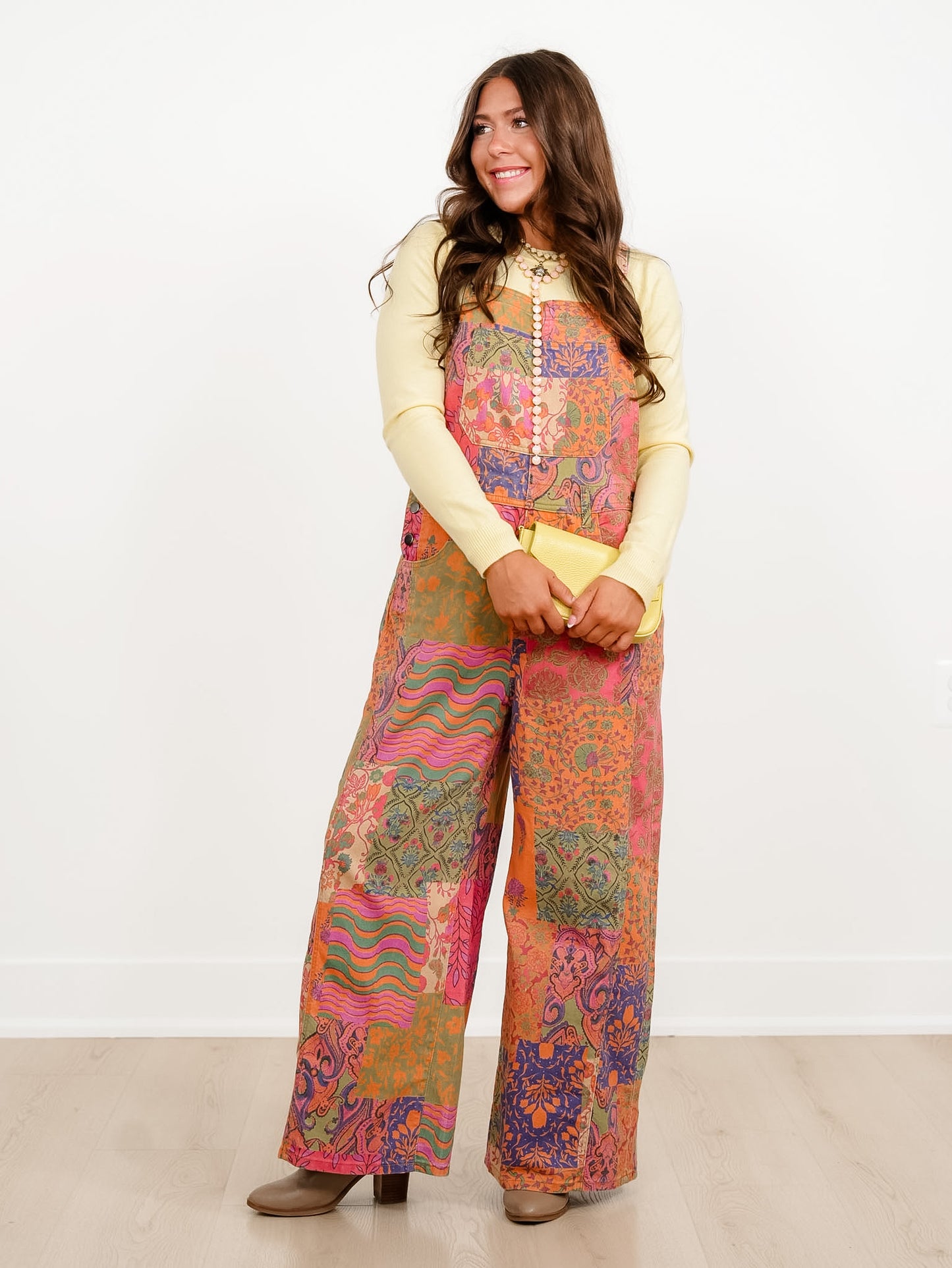 Patchwork Print Bib Overalls with Side Pockets