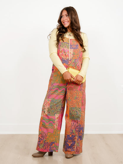 Patchwork Print Bib Overalls with Side Pockets