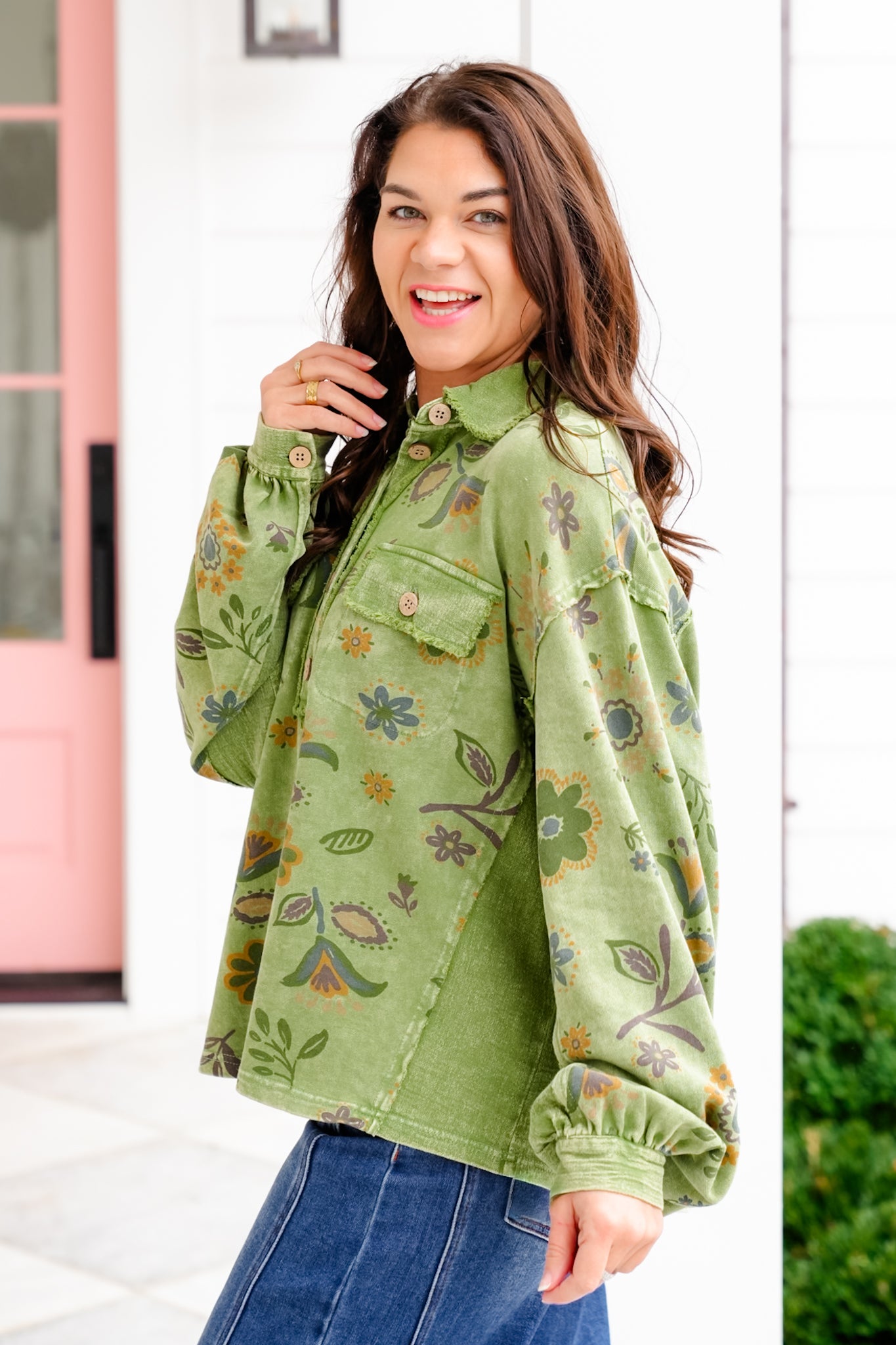 Plus/Reg Floral Print Long Sleeve Half Button Up Top