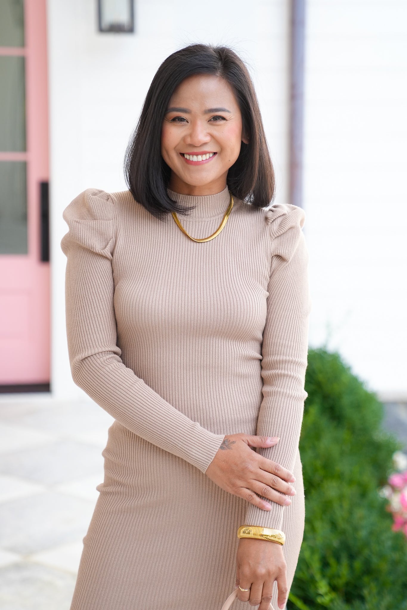 Plus/Reg Ribbed Knit Long Puff Sleeve Mock Neck Bodycon Dress