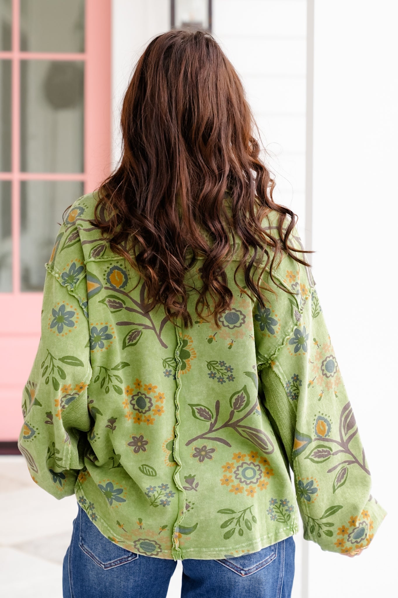 Plus/Reg Floral Print Long Sleeve Half Button Up Top