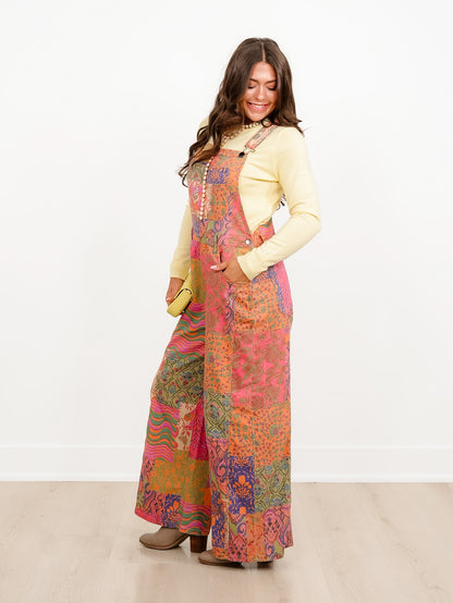 Patchwork Print Bib Overalls with Side Pockets