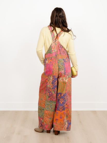 Patchwork Print Bib Overalls with Side Pockets