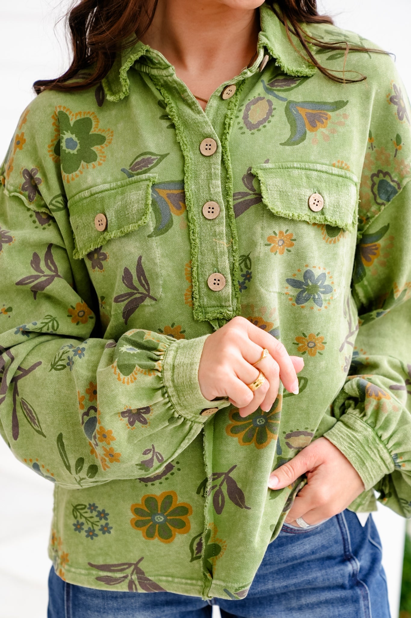 Plus/Reg Floral Print Long Sleeve Half Button Up Top