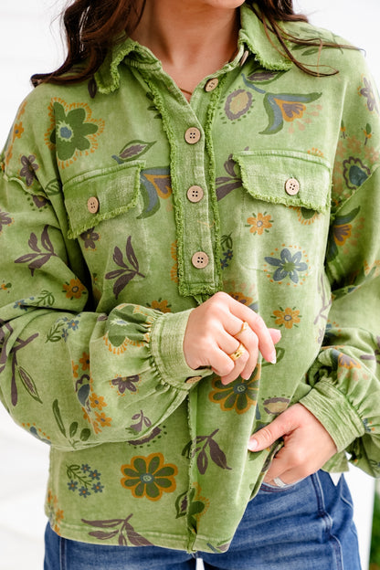 Plus/Reg Floral Print Long Sleeve Half Button Up Top