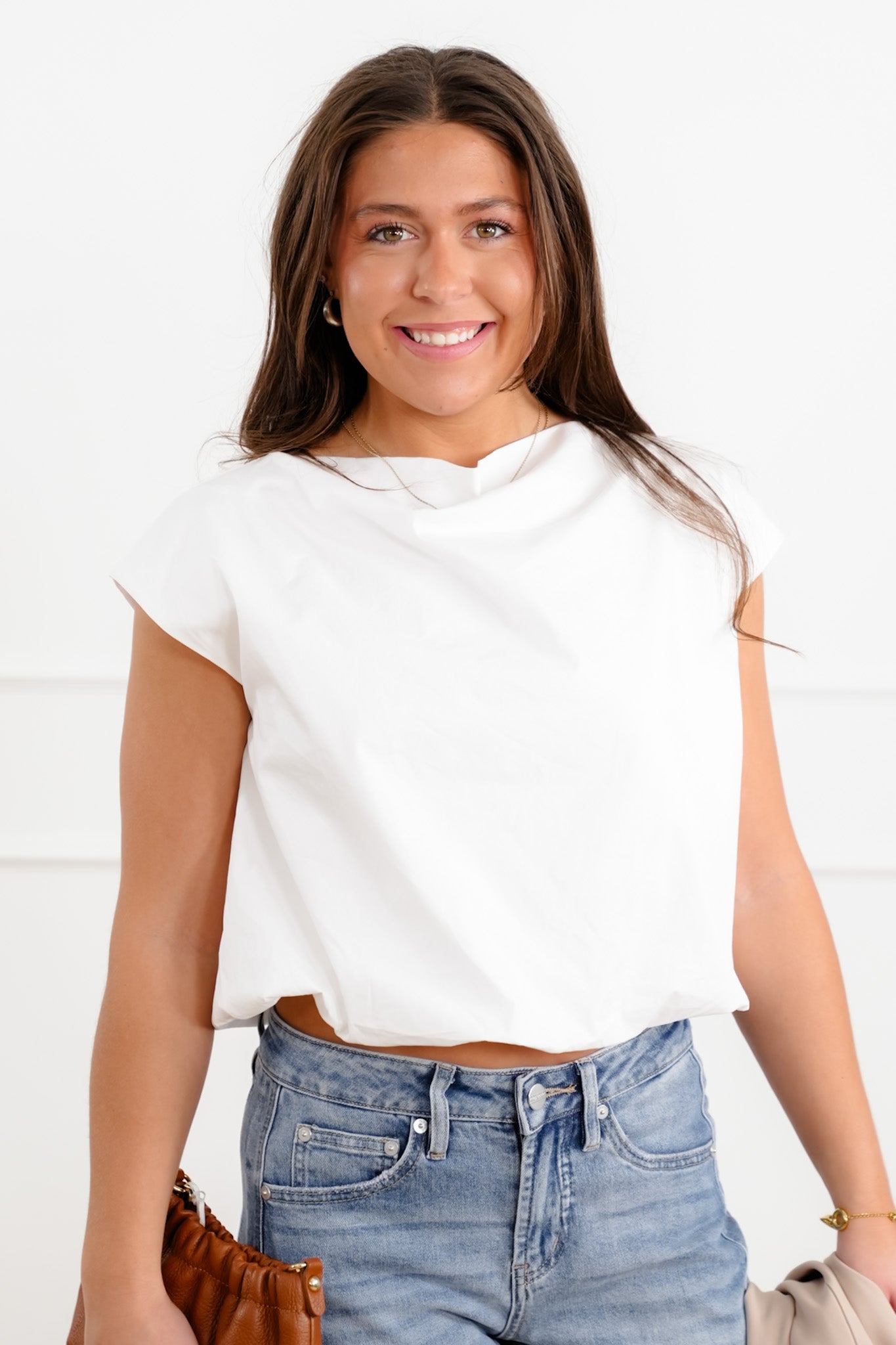 Solid White Bubble Hem Sleeveless Top