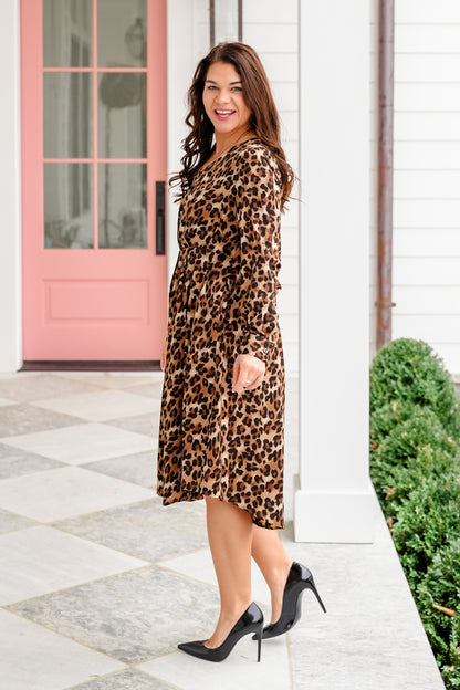 Leopard Print Long Sleeve Button Down Midi Dress