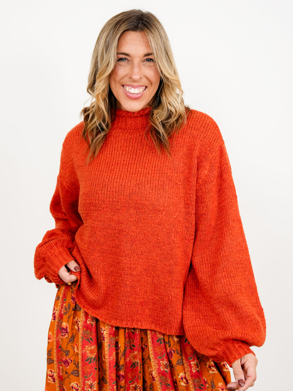POL Long Balloon Sleeve Mock Neck Knit Sweater