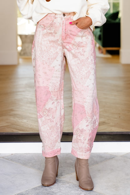 Patchwork Printed Barrel Pants