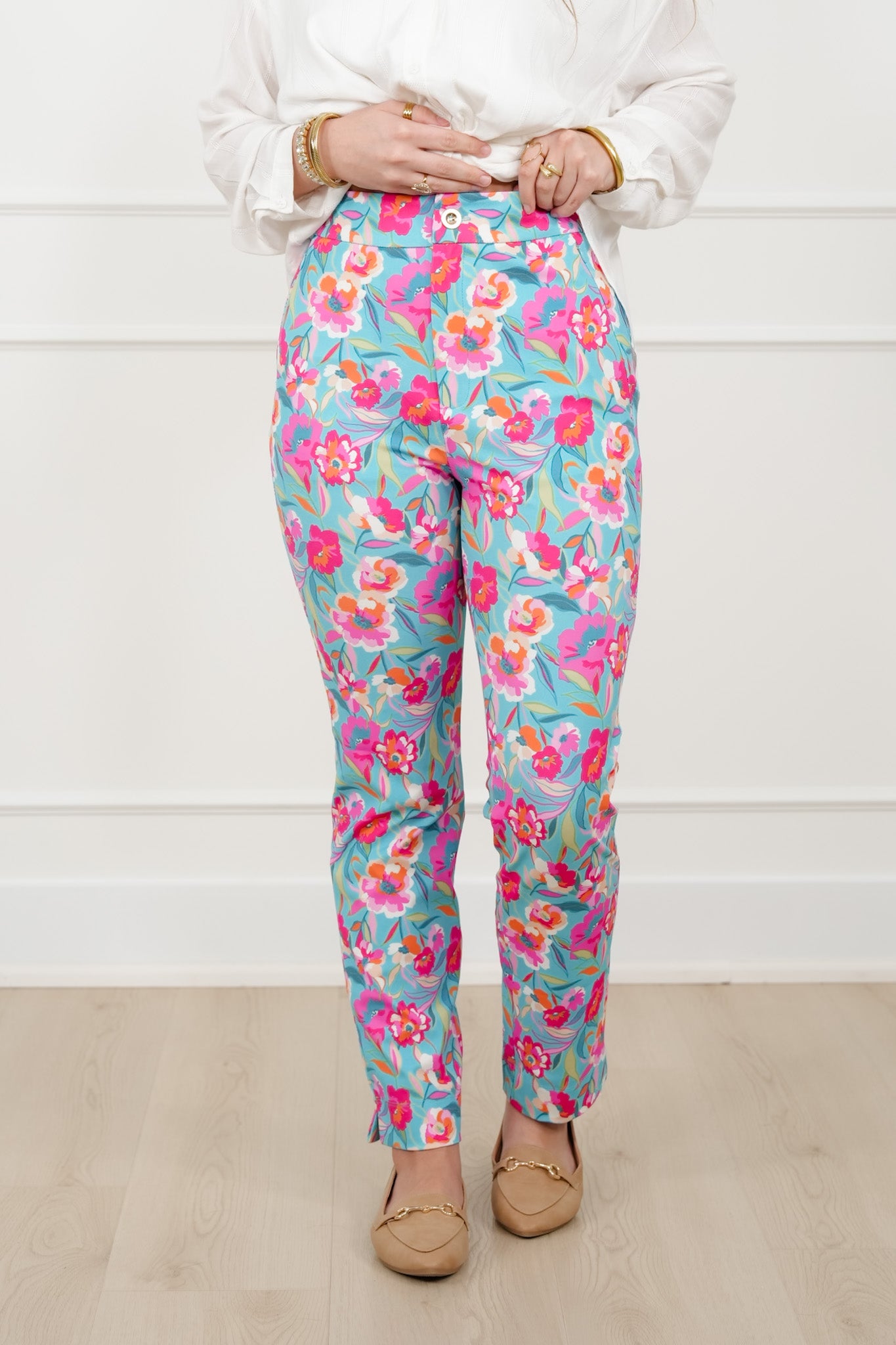 Plus/Reg Mint Floral Print Pants with Side Zipper Pockets