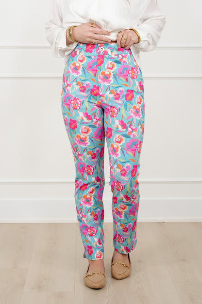 Plus/Reg Mint Floral Print Pants with Side Zipper Pockets