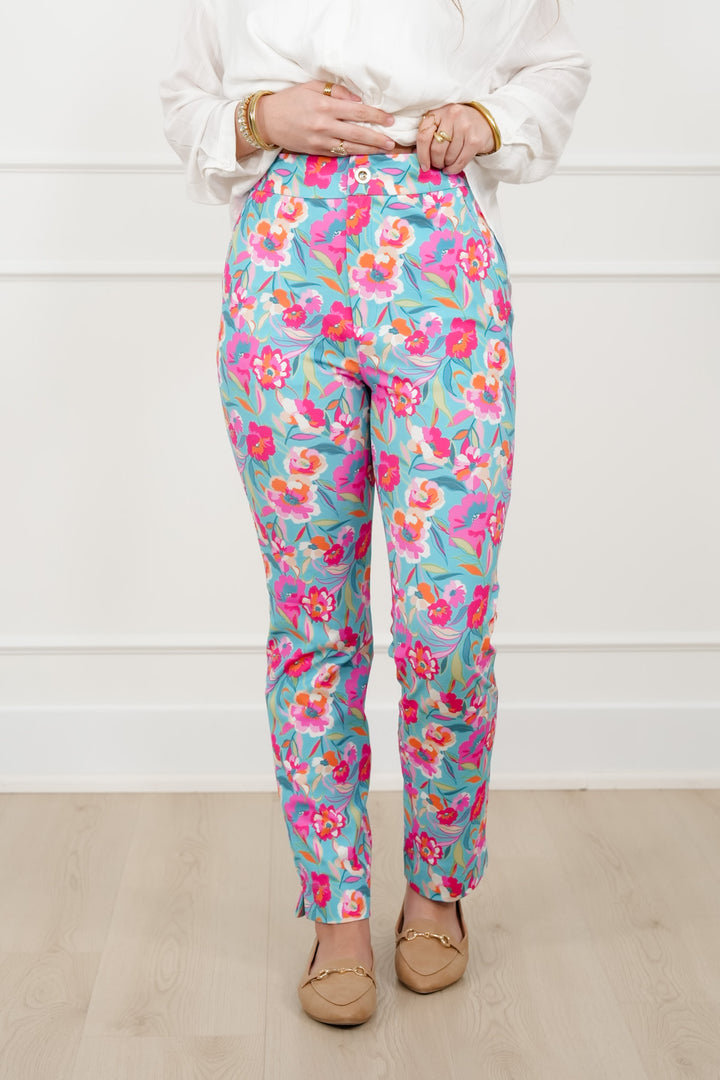 Plus/Reg Mint Floral Print Pants with Side Zipper Pockets