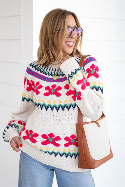 POL Floral Print Long Sleeve Round Neck Sweater
