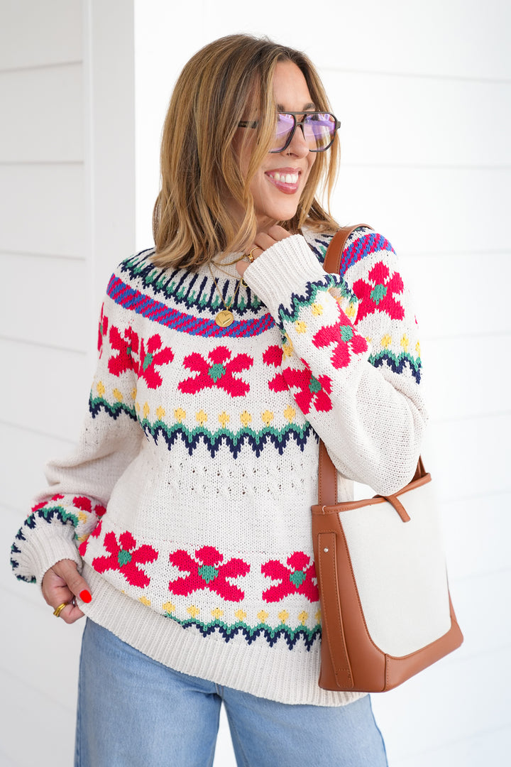 POL Floral Print Long Sleeve Round Neck Sweater