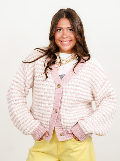 Plus/Reg Stripe Knit Long Sleeve Button Down Cardigan