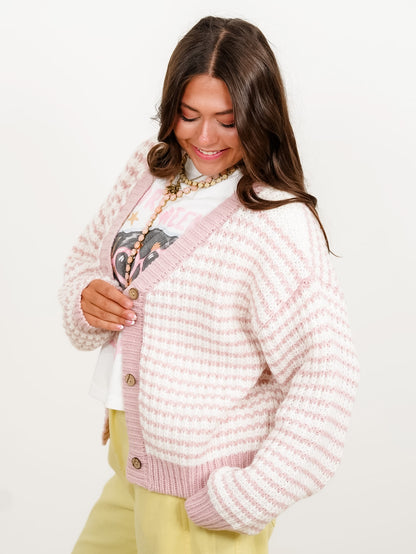 Plus/Reg Stripe Knit Long Sleeve Button Down Cardigan