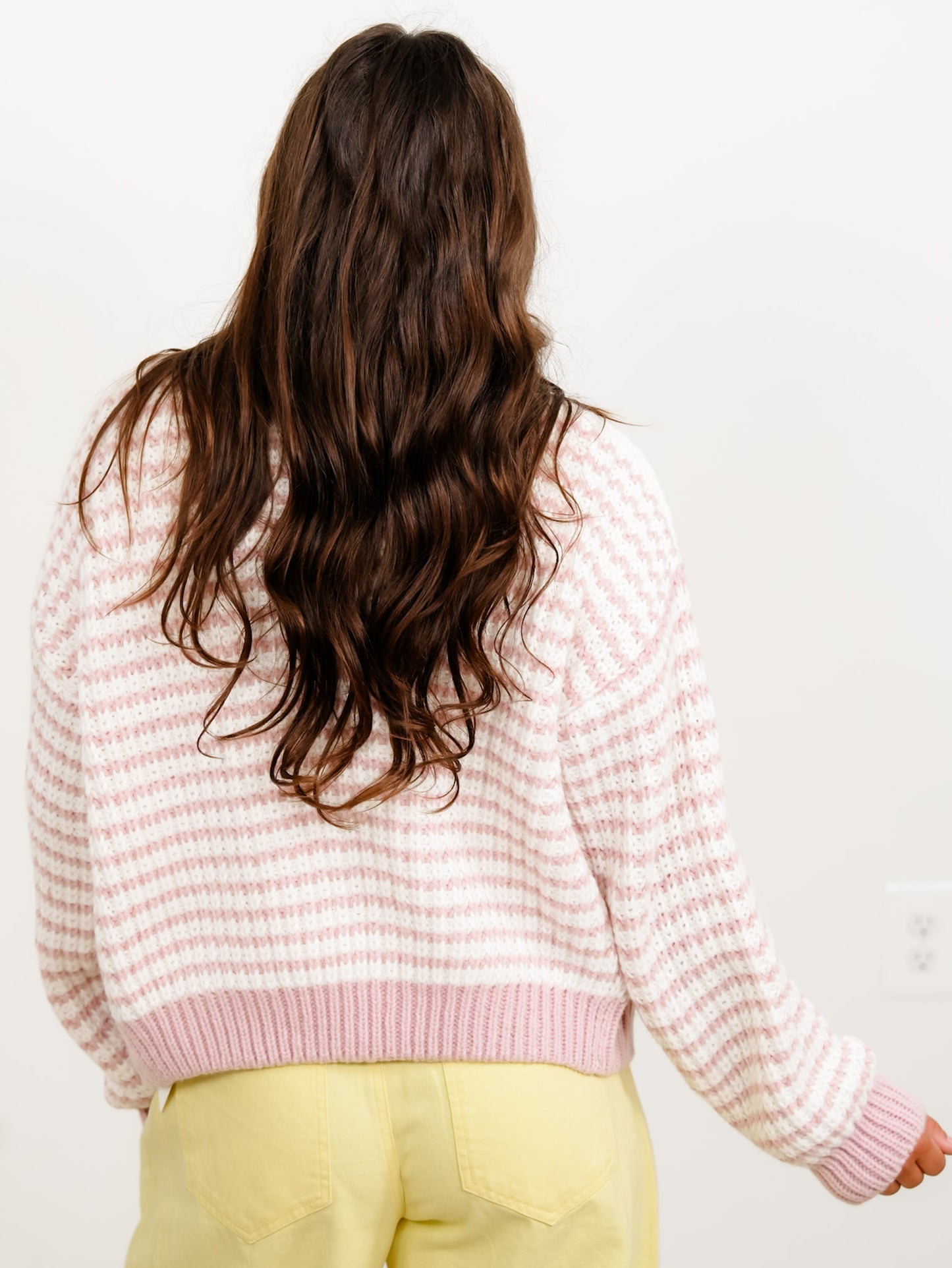 Plus/Reg Stripe Knit Long Sleeve Button Down Cardigan