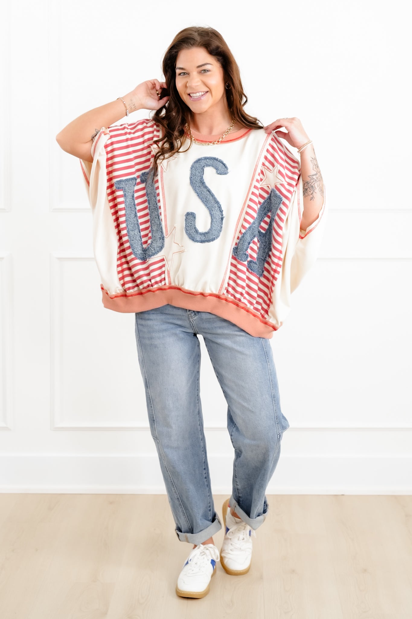 Color Block and Stripe 3/4 Sleeve Top with Denim "USA" Patchwork Detail