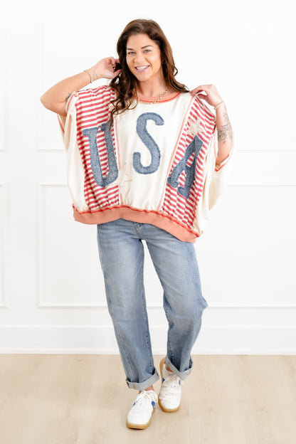 Color Block and Stripe 3/4 Sleeve Top with Denim "USA" Patchwork Detail