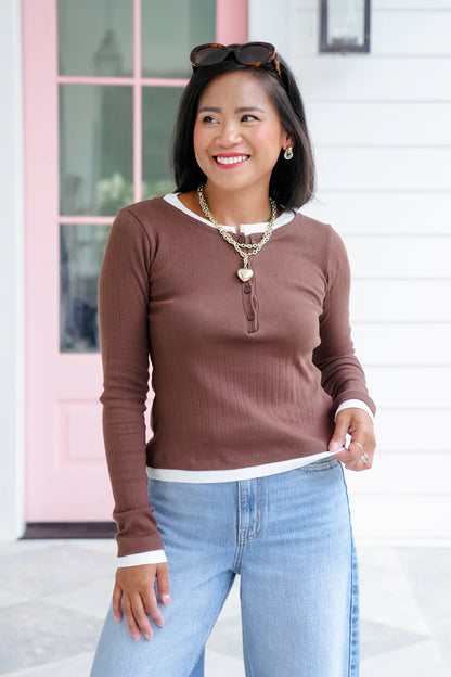 Ribbed Knit Long Sleeve Button Up Layered Top