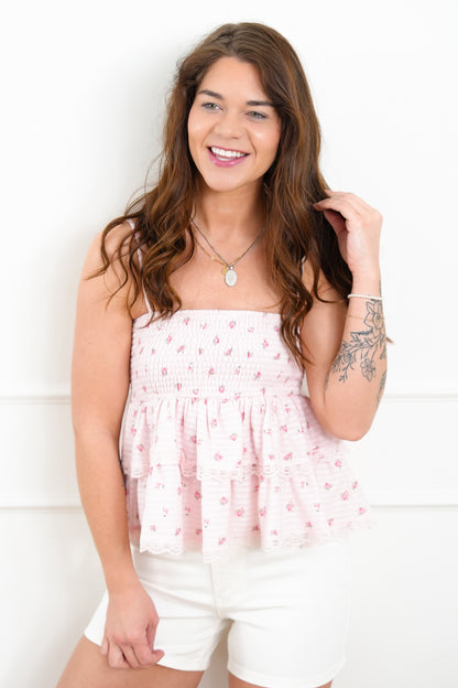Floral Print Sleeveless Ruffled Top with Lace