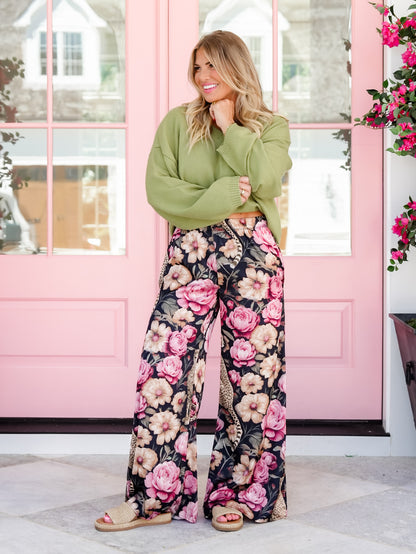 Plus/Reg Floral Cheetah Print Elastic Waist Palazzo Pants