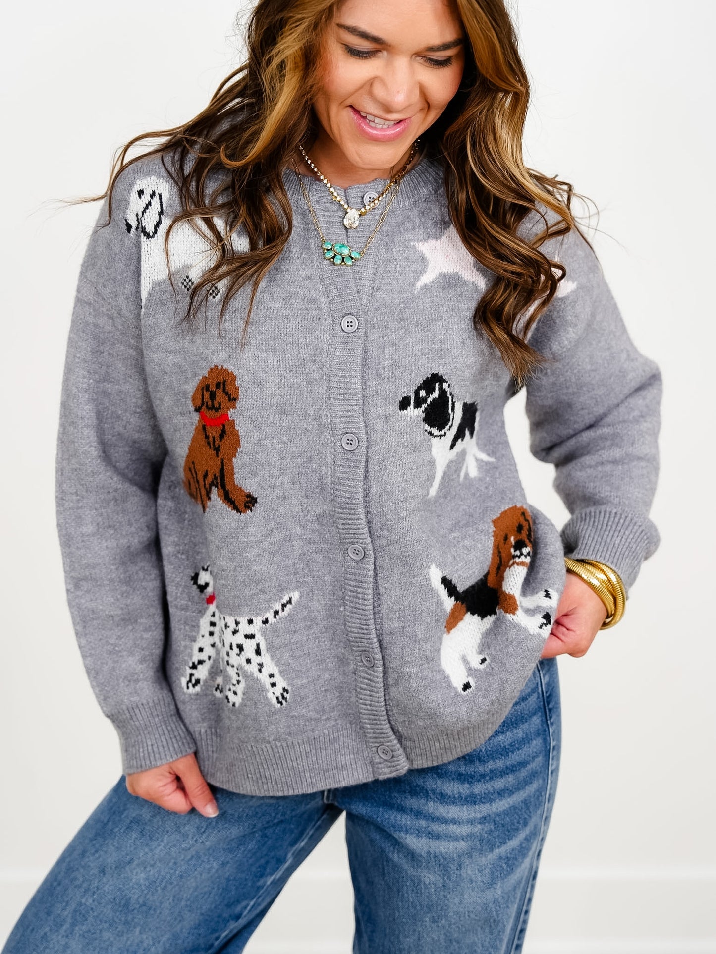 Dog Pattern Long Sleeve Button Down Cardigan