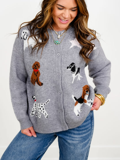 Dog Pattern Long Sleeve Button Down Cardigan