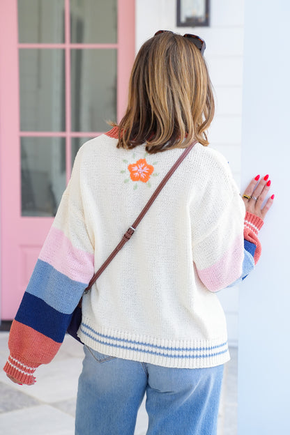 POL Floral Color Block Long Sleeve Round Neck Sweater