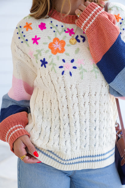 POL Floral Color Block Long Sleeve Round Neck Sweater