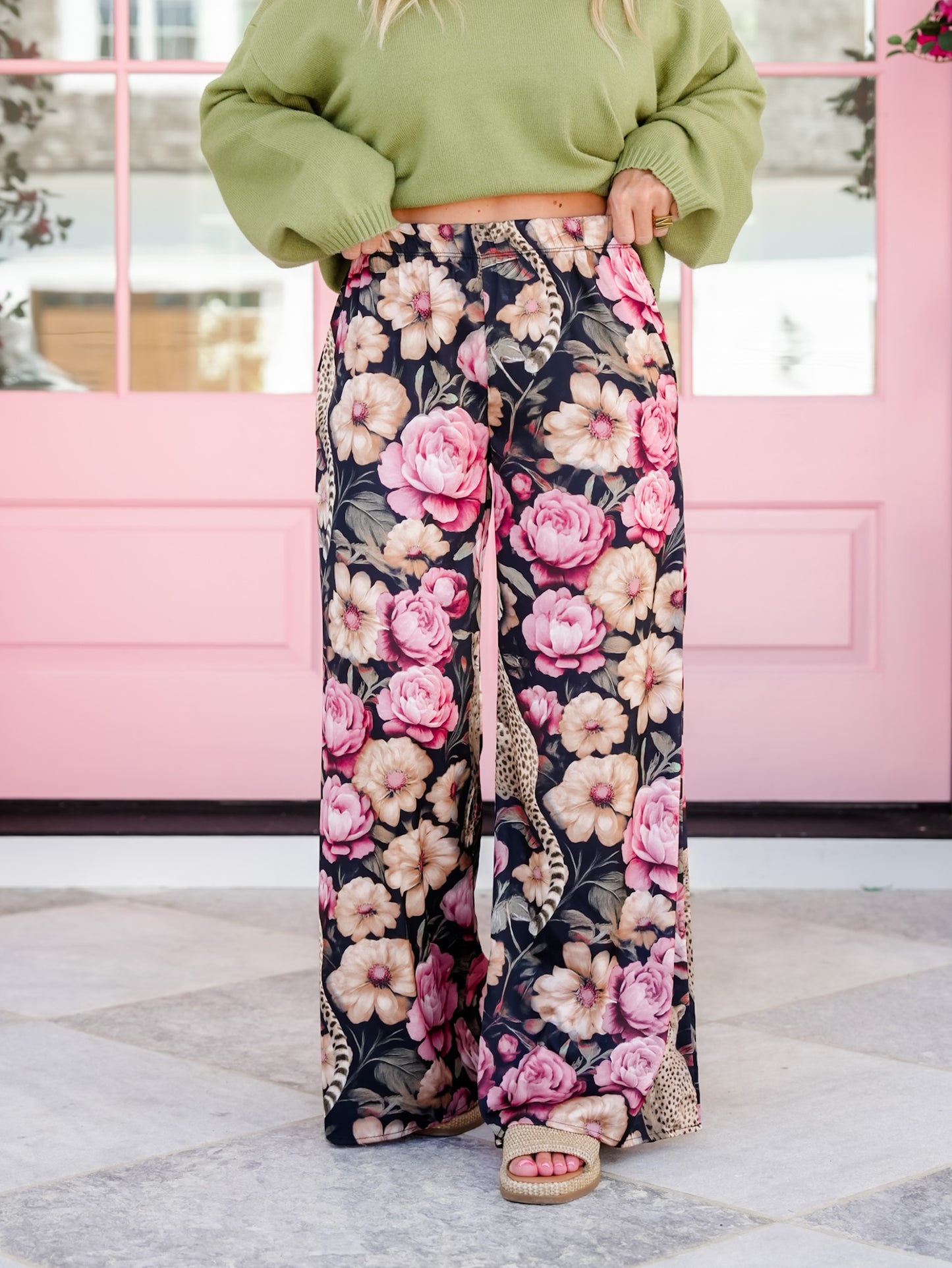 Plus/Reg Floral Cheetah Print Elastic Waist Palazzo Pants