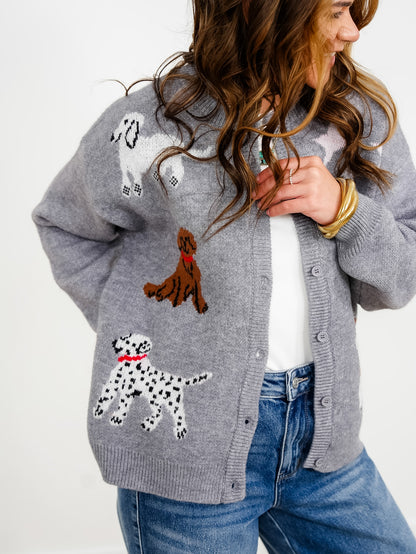 Dog Pattern Long Sleeve Button Down Cardigan