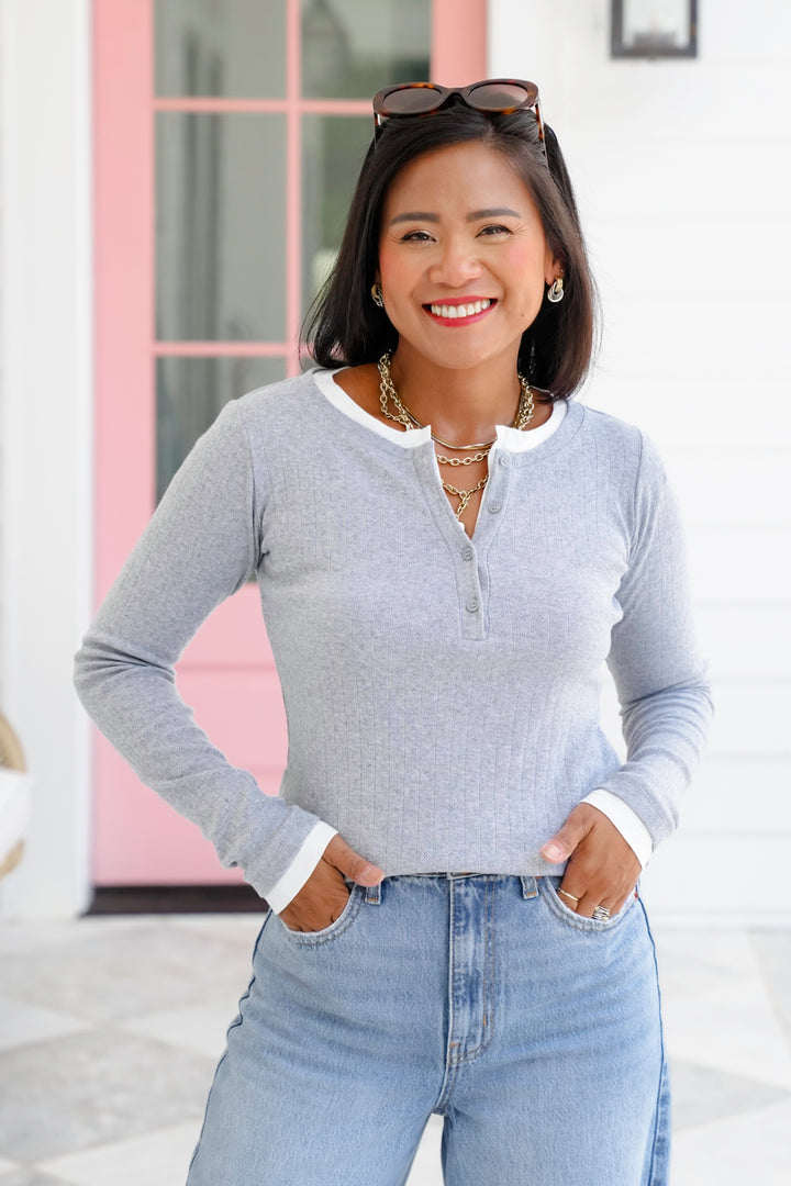 Ribbed Knit Long Sleeve Button Up Layered Top