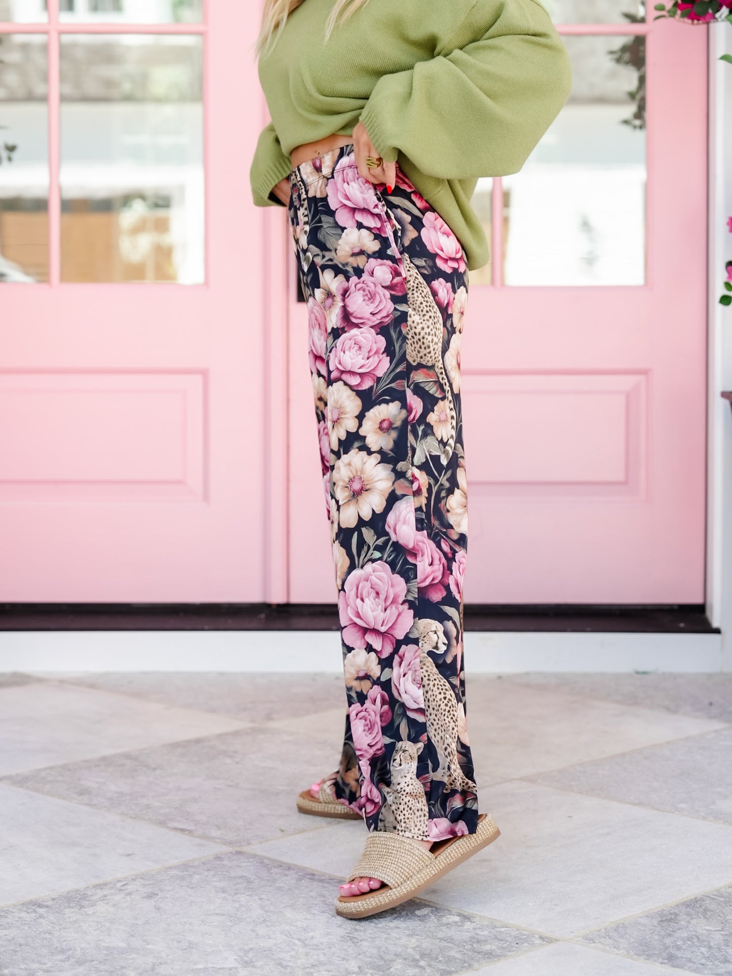 Plus/Reg Floral Cheetah Print Elastic Waist Palazzo Pants