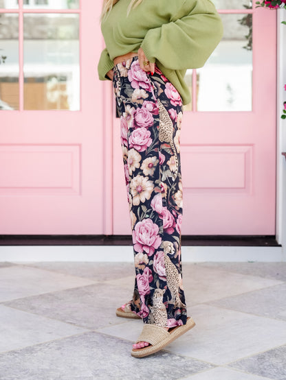 Plus/Reg Floral Cheetah Print Elastic Waist Palazzo Pants