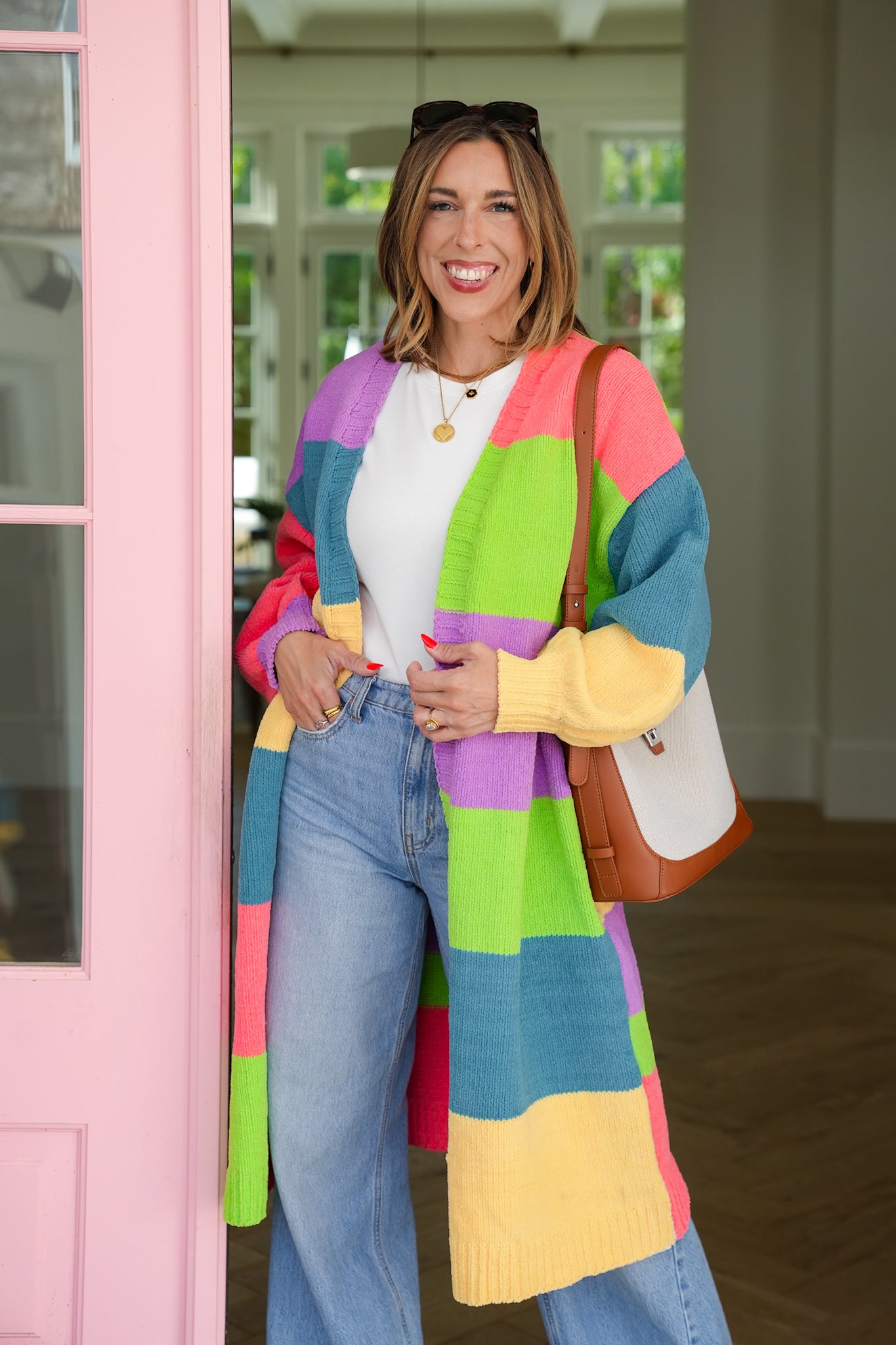 POL Stripe Color Block Long Sleeve Open Cardigan